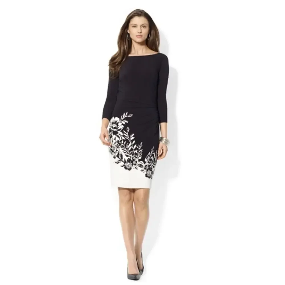 Women’s Lauren Ralph Lauren Black Cocktail Dress White Border Print. - Picture 1 of 7